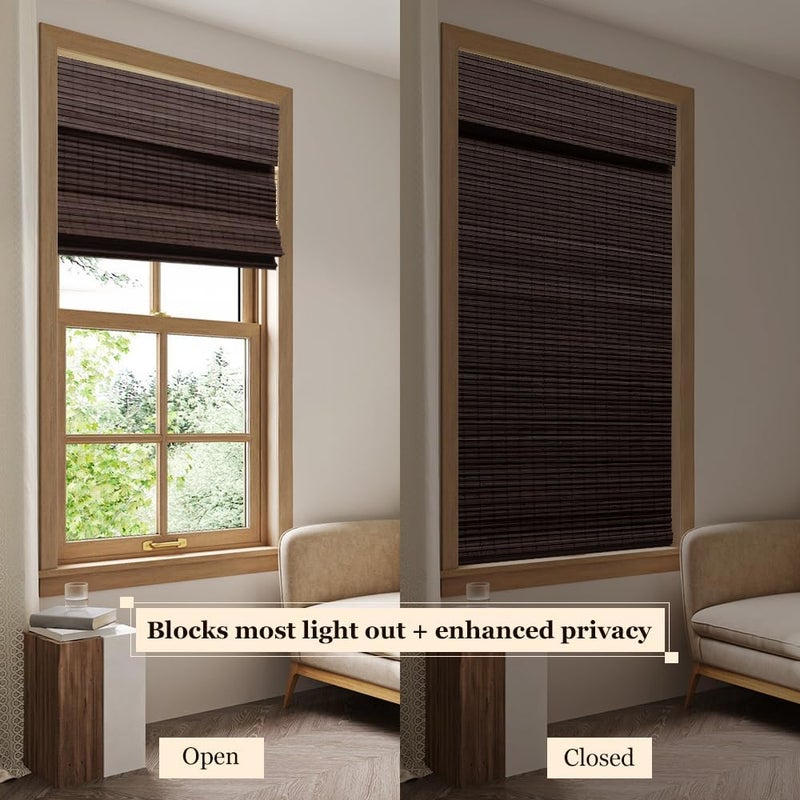 LUCKUP Cordless Bamboo Roman Blinds Shades for Indoor Windows-Blackout Room Darkening Roman Blinds with 6" Valance Cover Enhanced Privacy, 30" W x 64" H - Image 2
